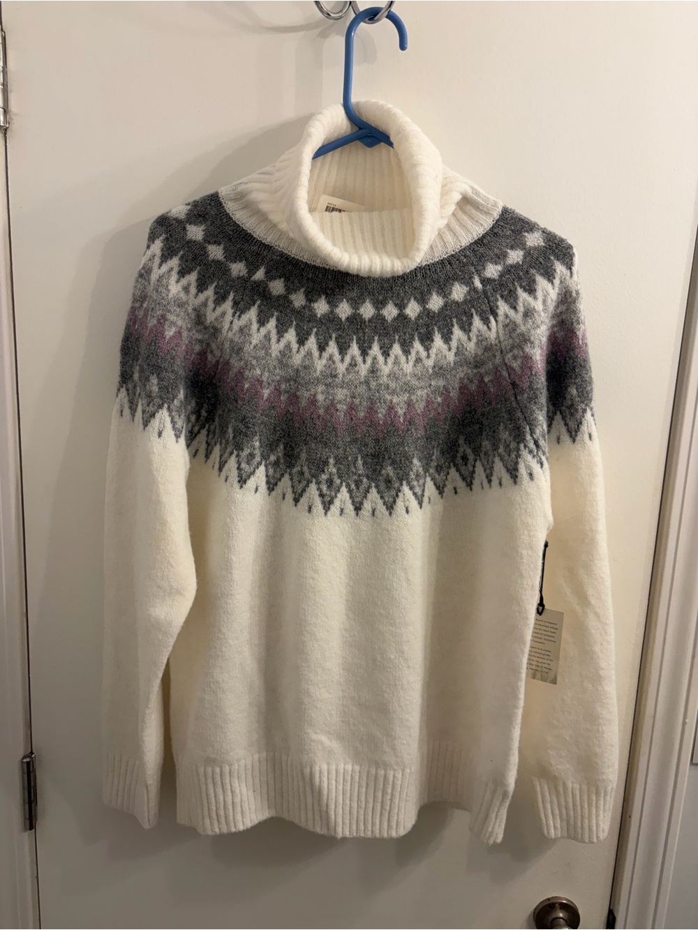 Ivory Fair Isle Cowl Neck Sweater with Gray & Mauve Accents